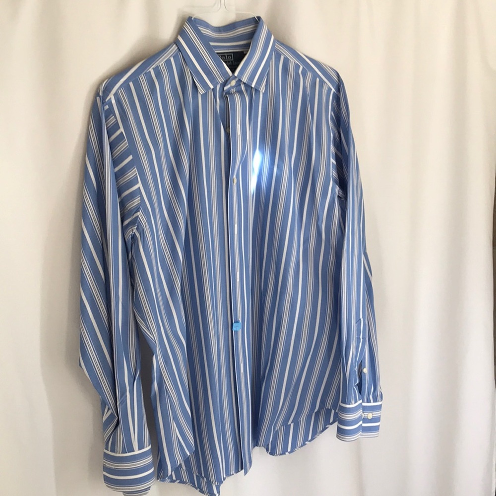 Blue and white long sleeve striped polo.